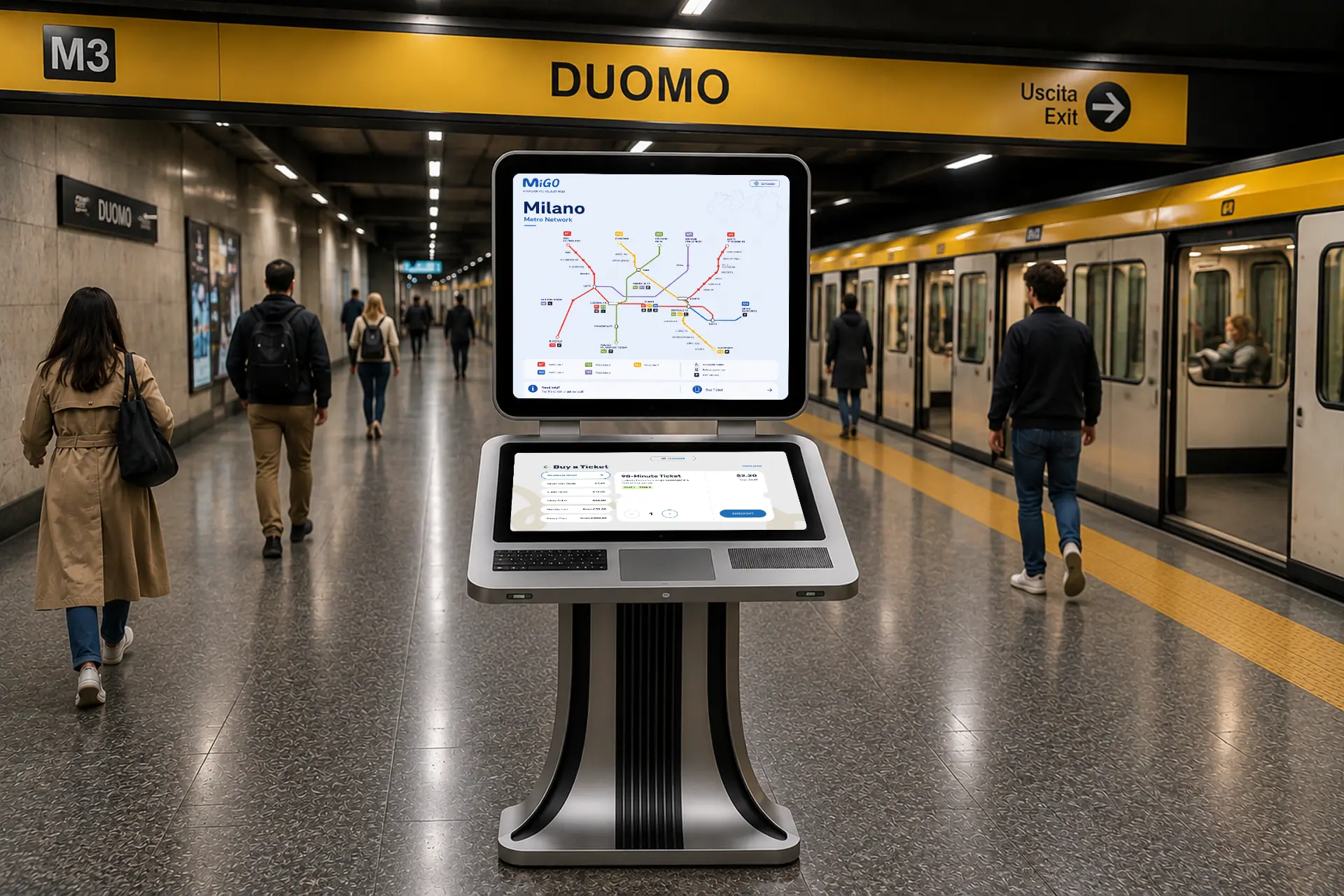 MiGO two-screen kiosk in a Milan metro station