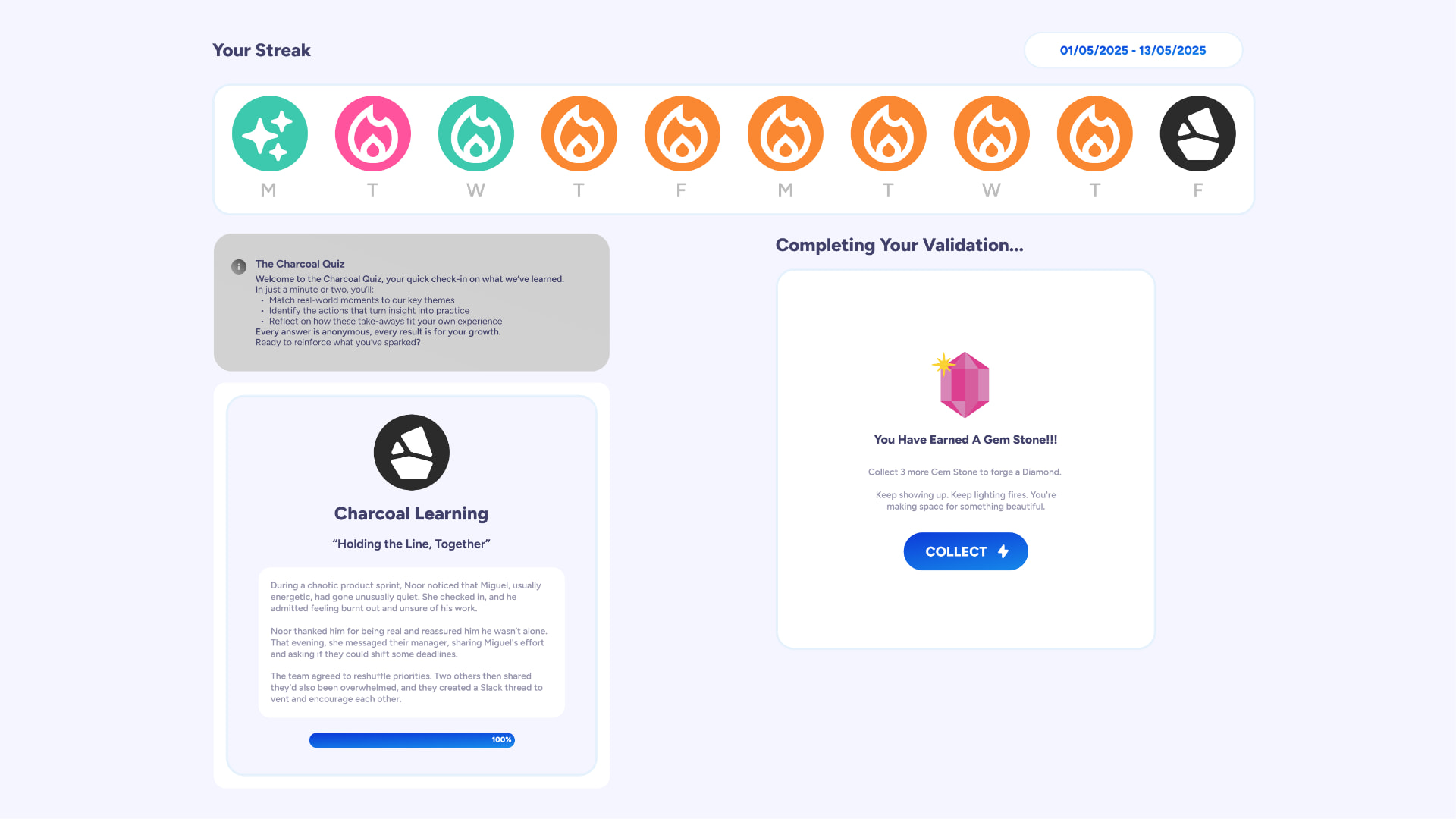 Validation, charcoal learning and gemstone